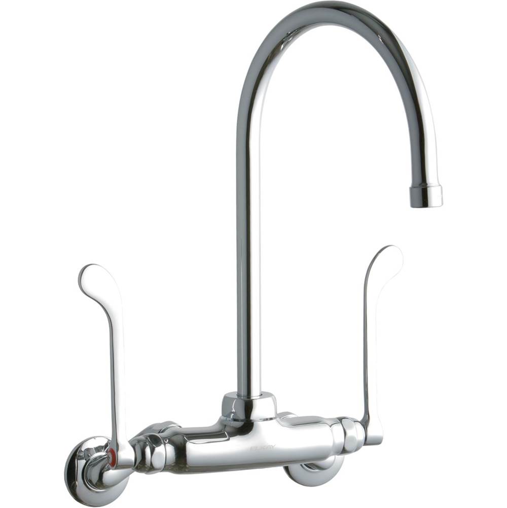 Elkay Foodservice 3-8'' Adjustable Centers Wall Mount Faucet w/8'' Gooseneck Spout 6'' Wristblade Handles 2in Inlet