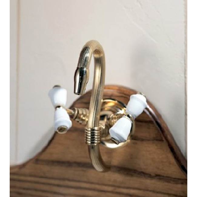 Herbeau ''Verseuse'' Wall Mounted Mixer with White or Handpainted Earthenware Handles in Moustier Polychrome, Satin Nickel
