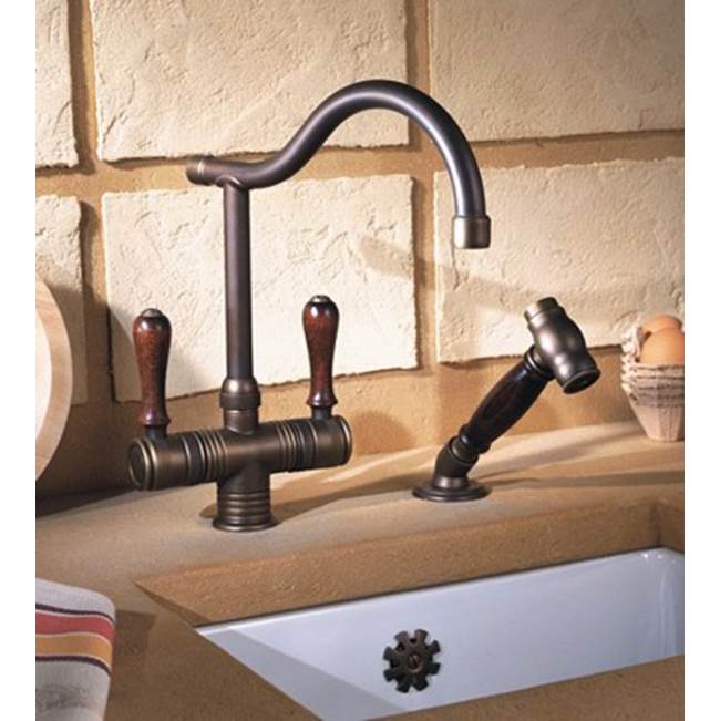 Herbeau ''Valence'' Single-Hole Mixer with Handspray in Wooden Handles, Polished Nickel