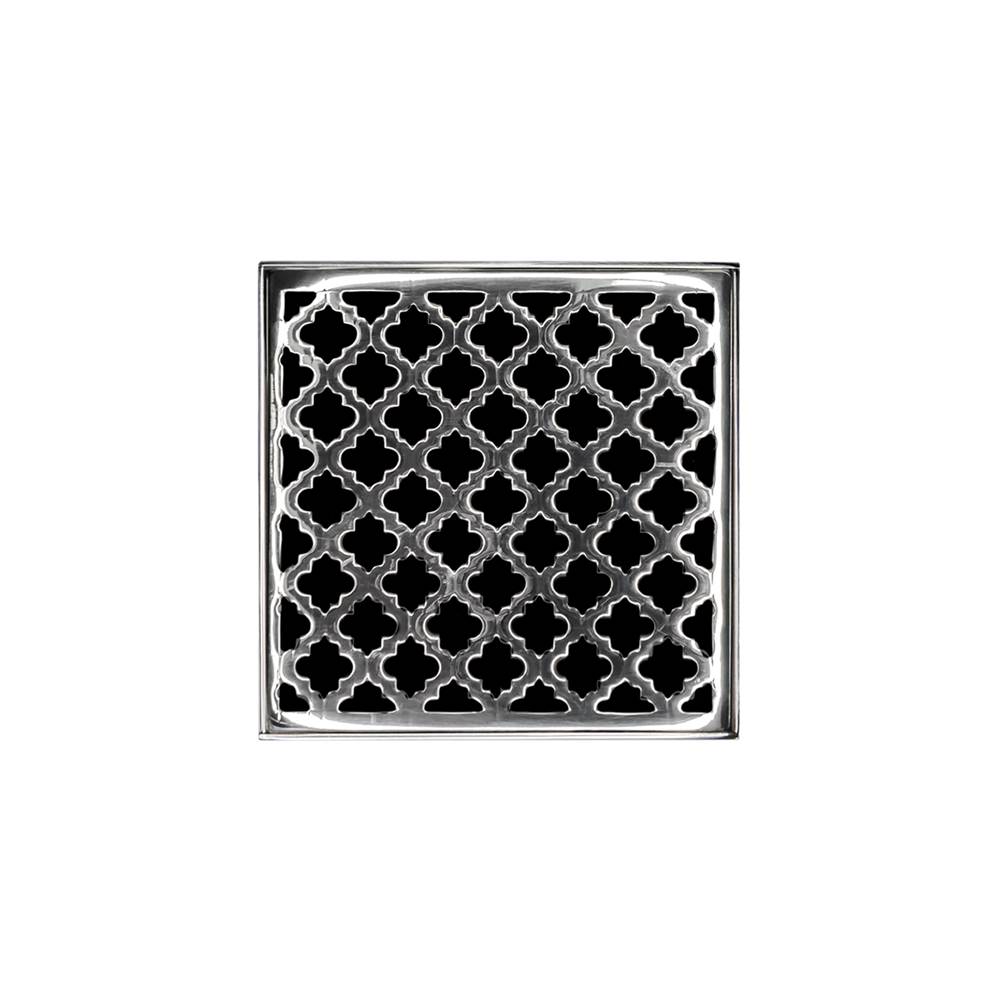 Infinity Drain 4'' x 4'' MDB 4 Complete Kit with Moor Pattern Decorative Plate in Polished Stainless with PVC Bonded Flange Drain Body, 2'', 3'' and 4'' Outlet