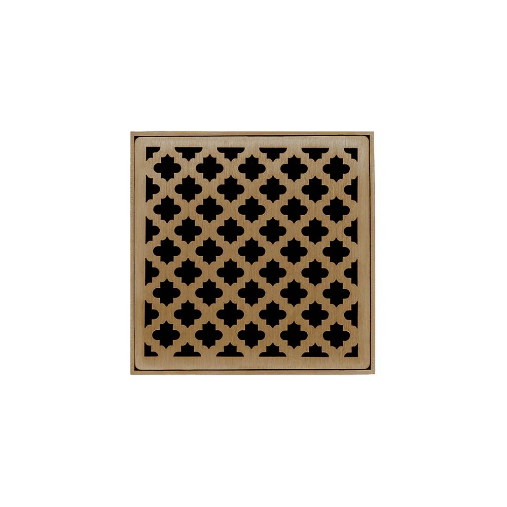 Infinity Drain 4'' x 4'' MDB 4 Complete Kit with Moor Pattern Decorative Plate in Satin Bronze with PVC Bonded Flange Drain Body, 2'', 3'' and 4'' Outlet
