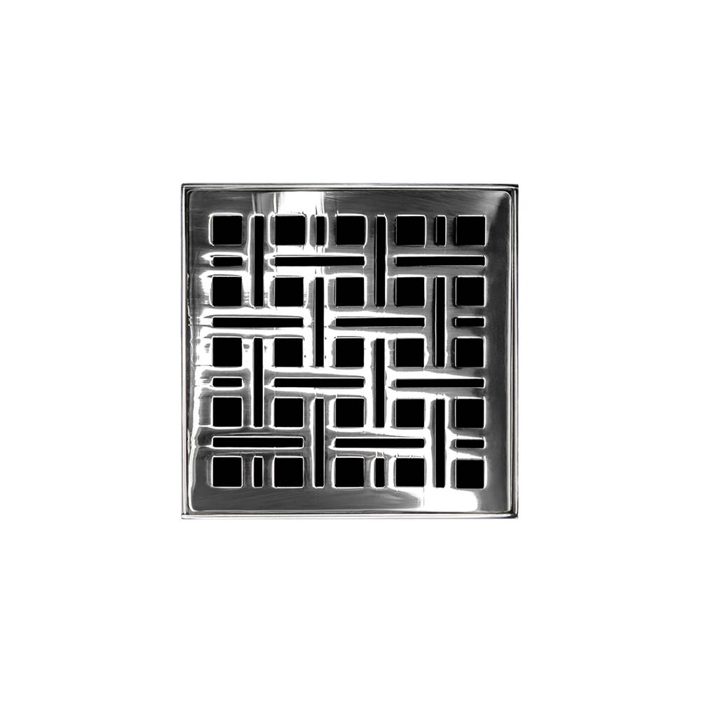 Infinity Drain 4'' x 4'' VD 4 Complete Kit with Weave Pattern Decorative Plate in Polished Stainless with Cast Iron Drain Body, 2'' Outlet