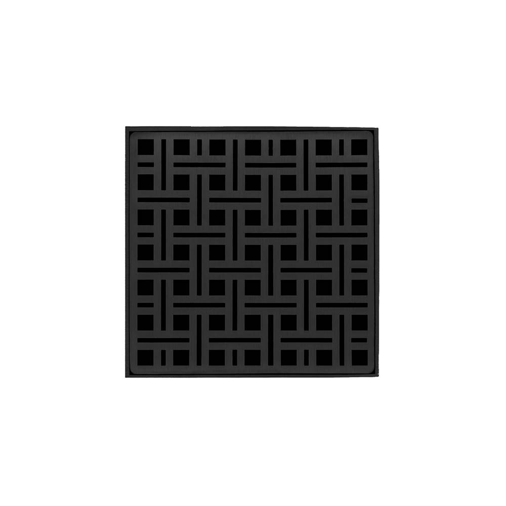 Infinity Drain 5'' x 5'' VD 5 High Flow Complete Kit with Weave Pattern Decorative Plate in Matte Black with Cast Iron Drain Body, 3'' No-Hub Outlet