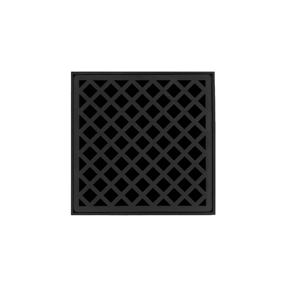Infinity Drain 5'' x 5'' XD 5 High Flow Complete Kit with Criss-Cross Pattern Decorative Plate in Matte Black with Cast Iron Drain Body, 3'' No-Hub Outlet