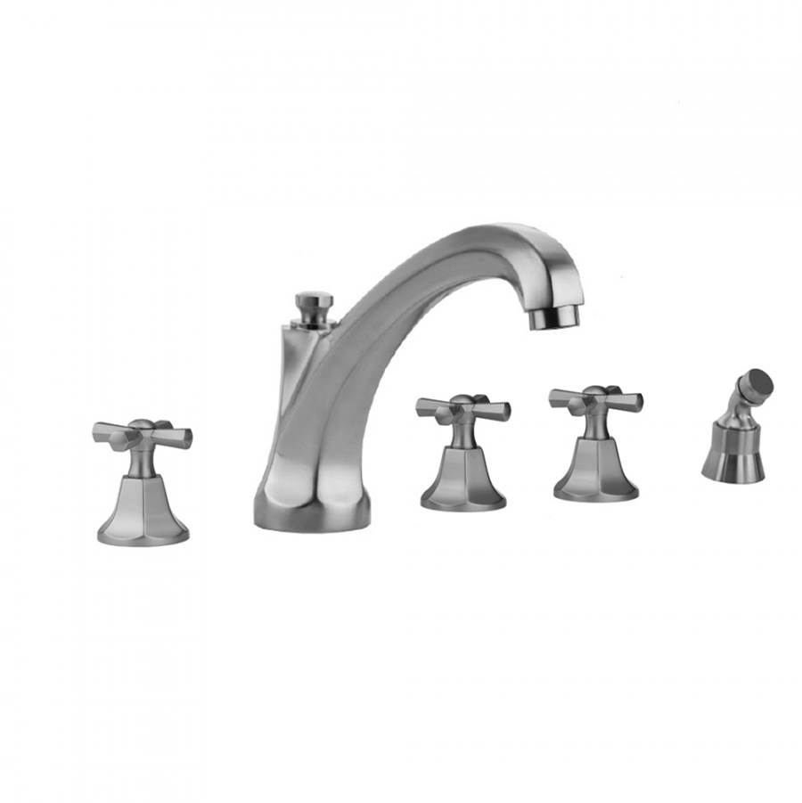 Jaclo Astor Roman Tub Set with High Spout and Hex Cross Handles and Angled Handshower Mount