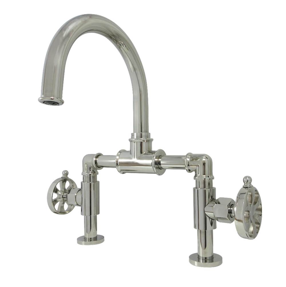 Kingston Brass Belknap Industrial Style Wheel Handle Bridge Bathroom Faucet with Pop-Up Drain, Polished Nickel