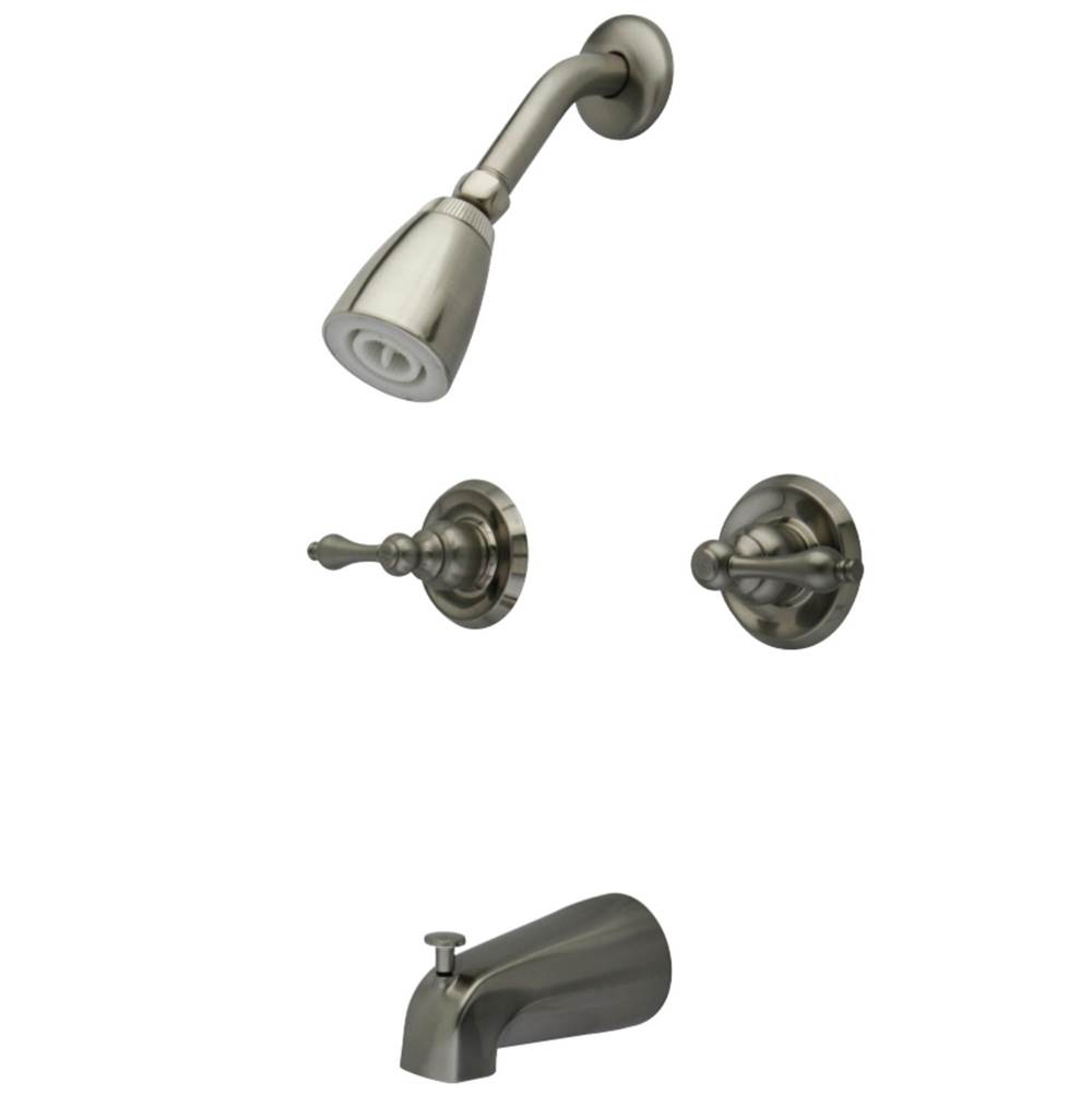 Kingston Brass Magellan Twin Handle Tub & Shower Faucet With Decor Lever Handle, Brushed Nickel