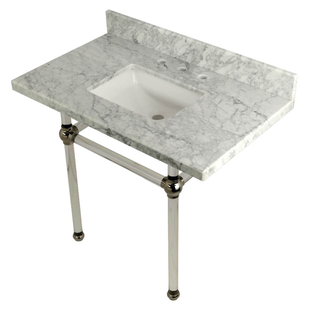 Kingston Brass Templeton 36'' x 22'' Carrara Marble Vanity Top with Clear Acrylic Console Legs, Carrara Marble/Polished Nickel
