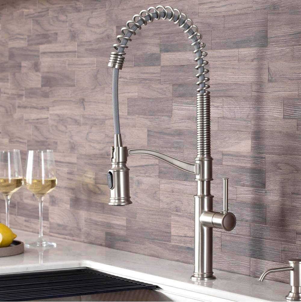 Kraus Sellette Commercial Style Pull-Down Kitchen Faucet with Deck Plate and Soap Dispenser in Spot Free Stainless Steel