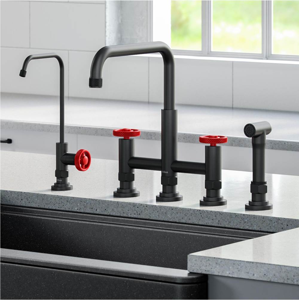 Kraus Urbix Industrial Bridge Kitchen Faucet and Water Filter Faucet Combo in Matte Black/Red
