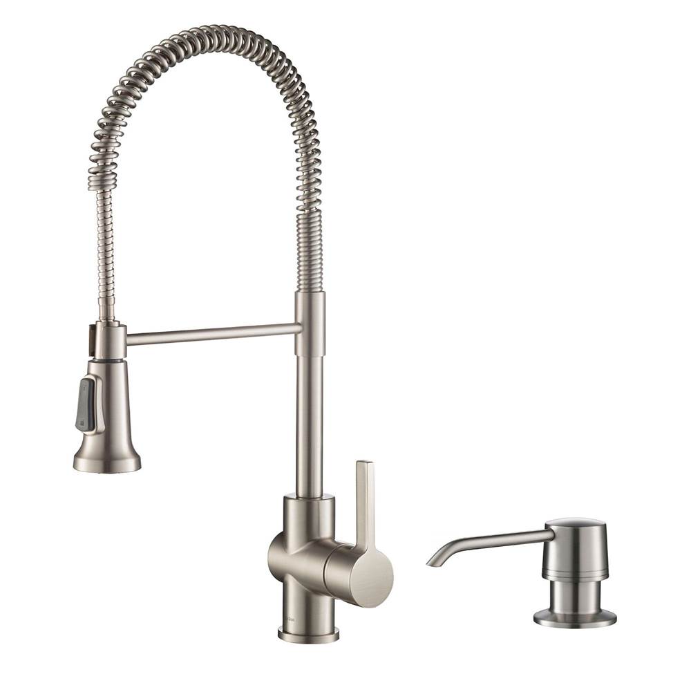 Kraus Britt Single Handle Commercial Kitchen Faucet with Deck Plate and Soap Dispenser in all-Brite Spot Free Stainless Steel Finish