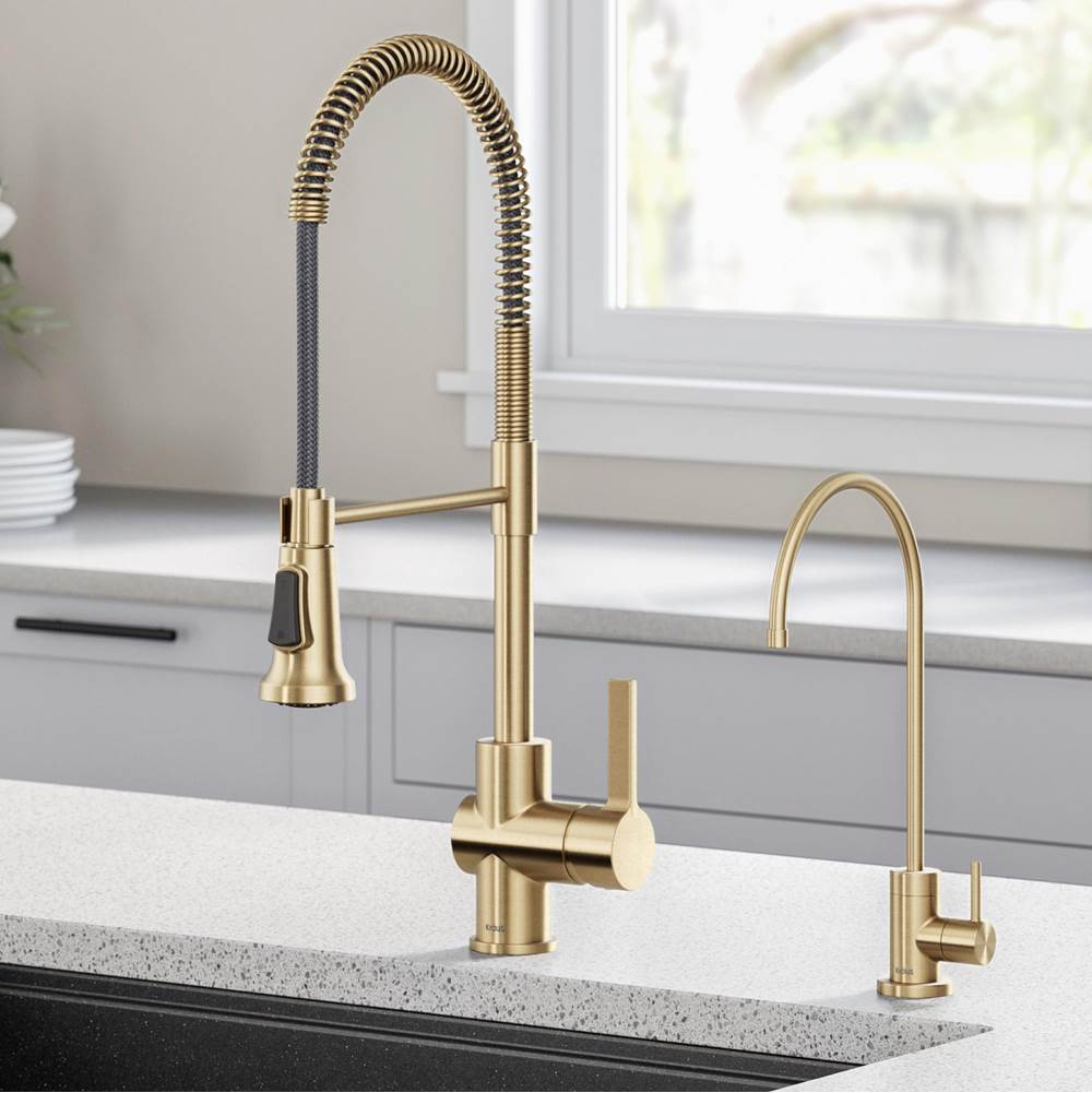 Kraus Britt Commercial Style Kitchen Faucet and Purita Water Filter Faucet Combo in Brushed Gold