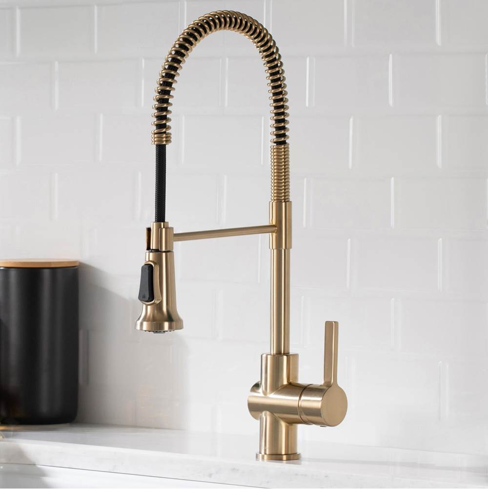 Kraus Britt Single Handle Commercial Kitchen Faucet with Deck Plate and Soap Dispenser in Spot Free Antique Champagne Bronze Finish