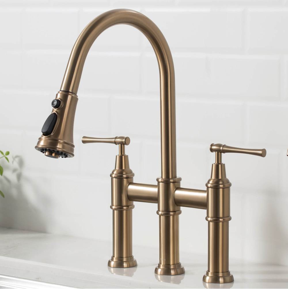 Kraus Allyn Transitional Bridge Kitchen Faucet with Pull-Down Sprayhead in Brushed Gold