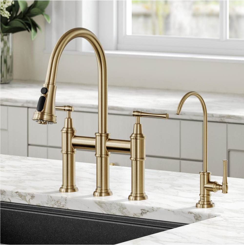 Kraus Allyn Transitional Bridge Kitchen Faucet and Water Filter Faucet Combo in Brushed Gold