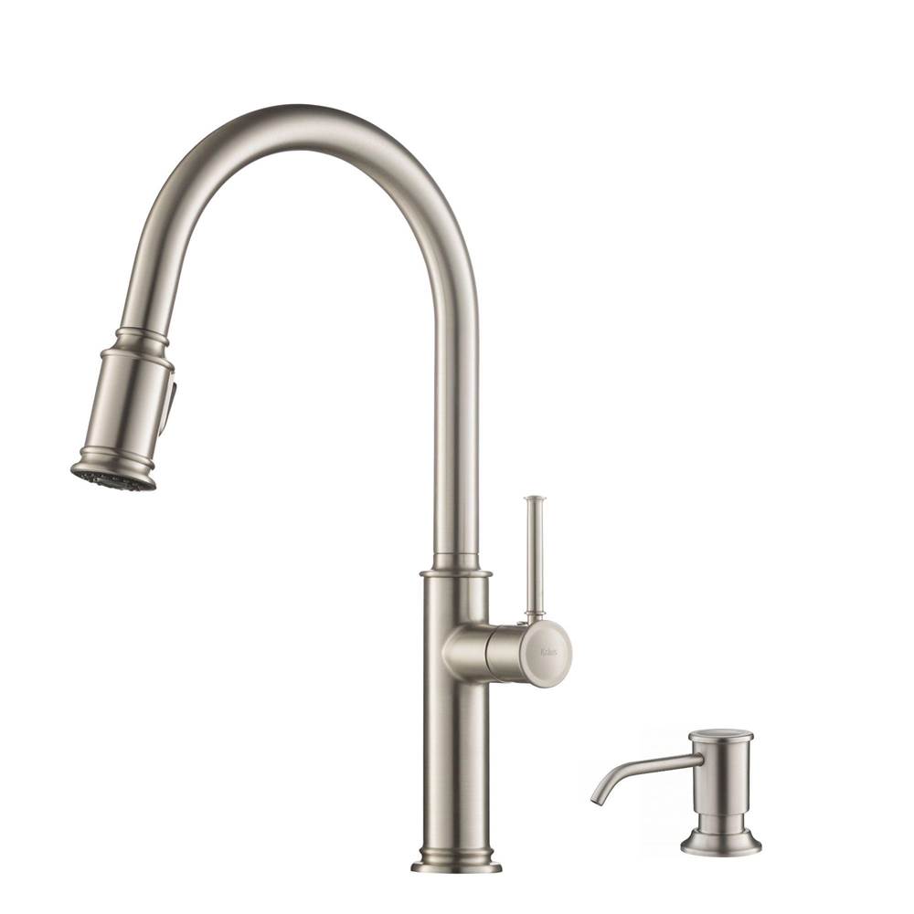 Kraus Sellette Single Handle Pull Down Kitchen Faucet with Deck Plate and Soap Dispenser in all-Brite Spot Free Stainless Steel Finish