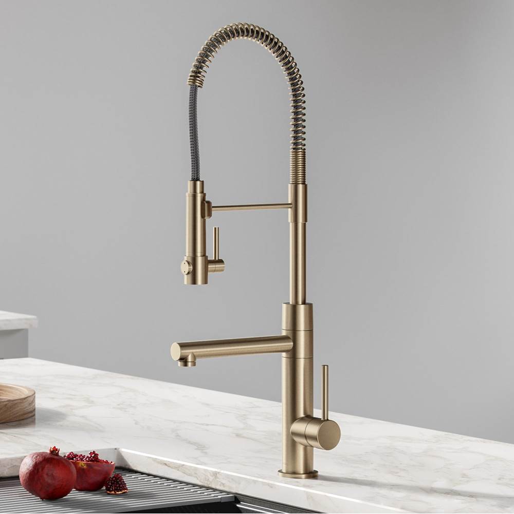 Kraus Artec Pro 2-Function Commercial Style Pre-Rinse Kitchen Faucet with Pull-Down Spring Spout and Pot Filler in Spot Free Antique Champagne Bronze