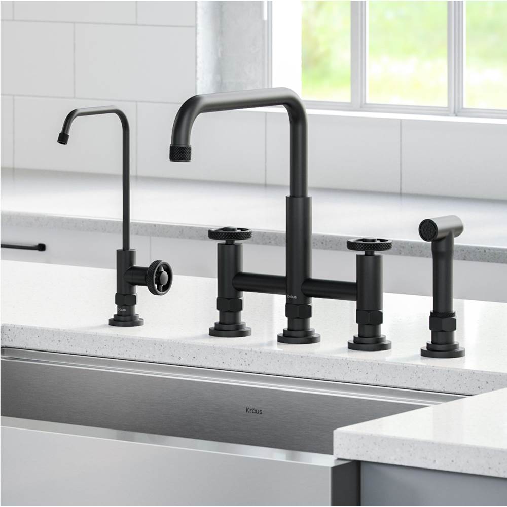 Kraus Urbix Industrial Bridge Kitchen Faucet and Water Filter Faucet Combo in Matte Black