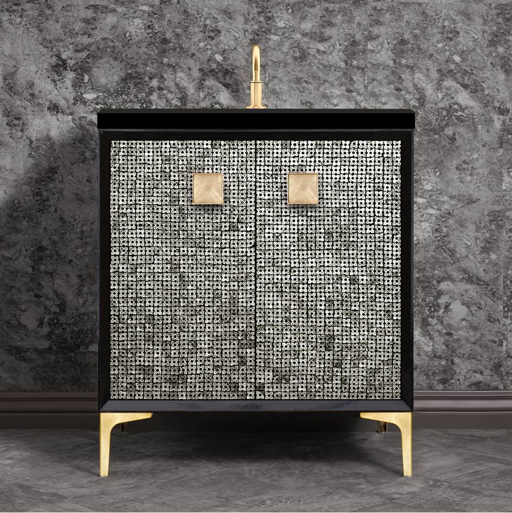 Linkasink MOTHER OF PEARL with 3'' Artisan Glass Prism Hardware 30'' Wide Vanity, Black, Satin Brass Hardware, 30'' x 22'' x 33.5'' (without vanity top)