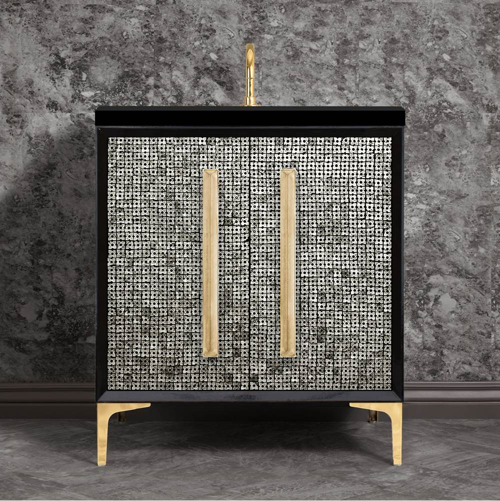 Linkasink MOTHER OF PEARL with 18'' Artisan Glass Prism Hardware 30'' Wide Vanity, Black, Polished Brass Hardware, 30'' x 22'' x 33.5'' (without vanity top)
