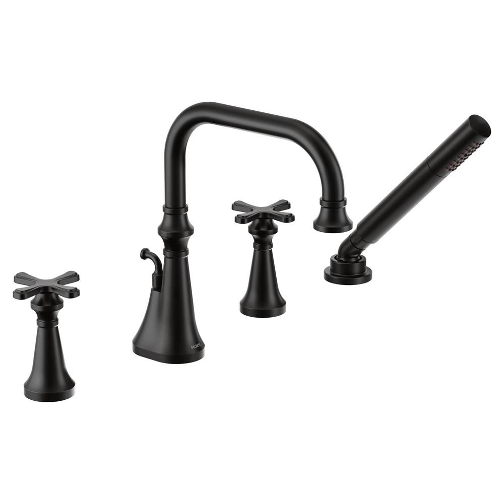 Moen Colinet Two Handle Deck-Mount Roman Tub Faucet Trim with Cross Handles and Handshower, Valve Required, in Matte Black