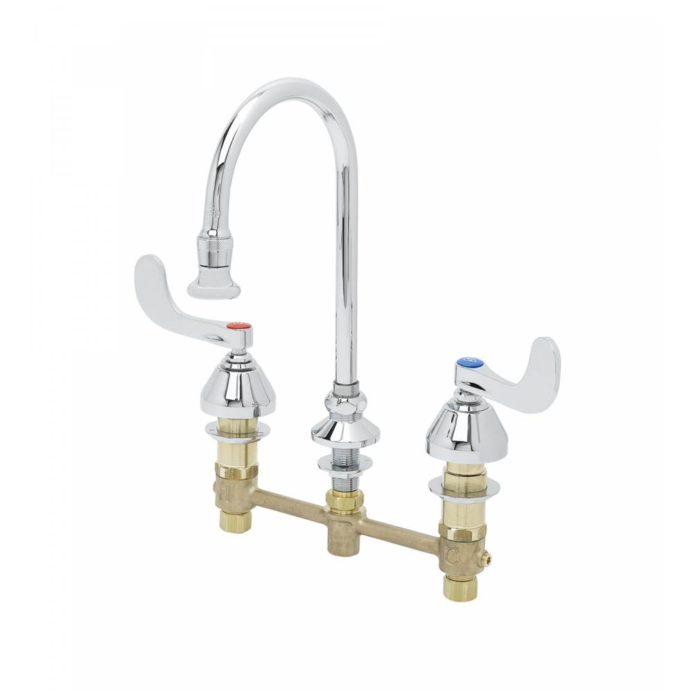 T&S Brass Concealed Widespread Faucet, 8'' Centers, 6'' Swivel/Rigid GN, 1.2GPM Rosespray, 4'' Handles Quarter-Turn Cartridges