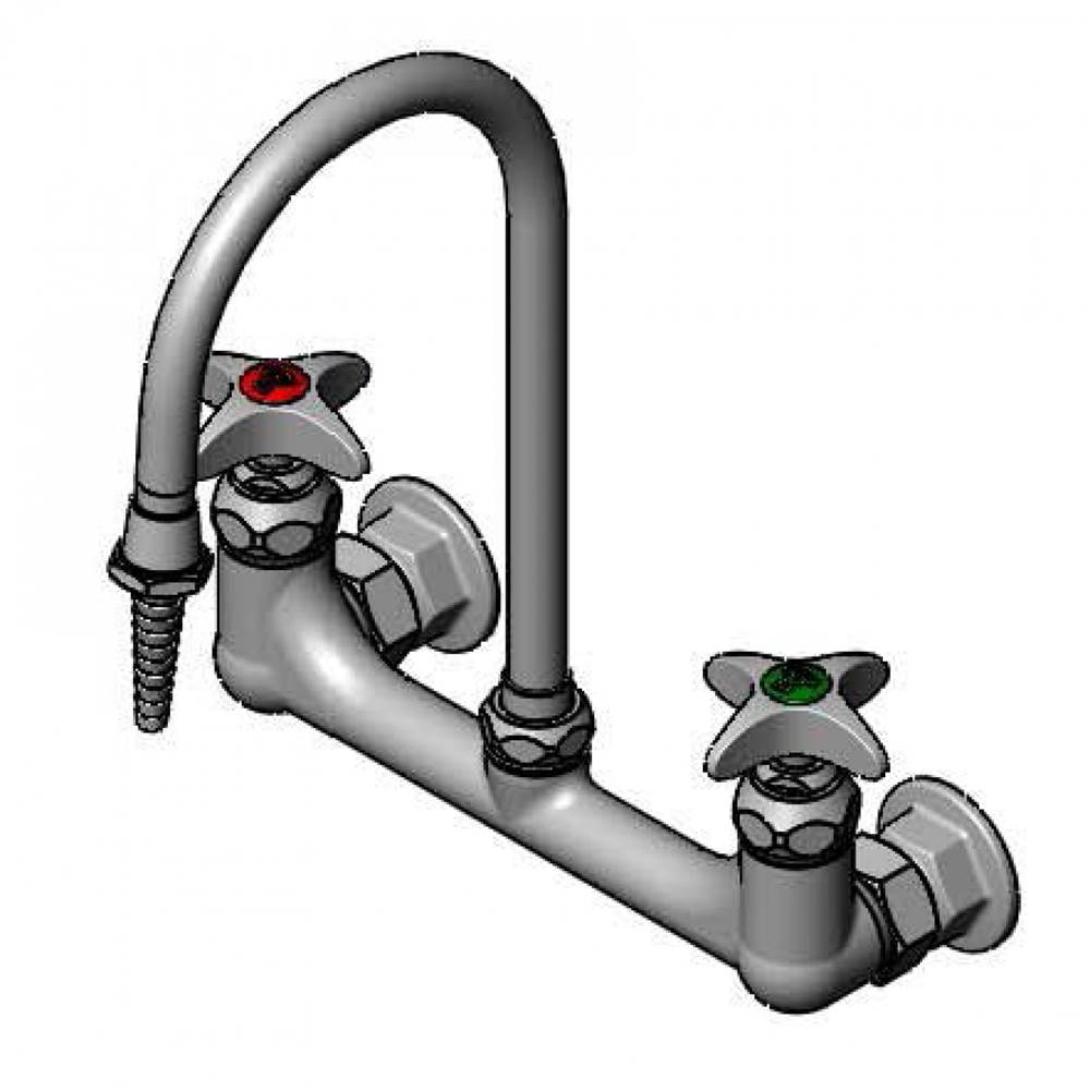 T&S Brass Lab Mixing Faucet, 8'' Wall Mount, Rigid Gooseneck, Serrated Tip, 4-Arm Handles