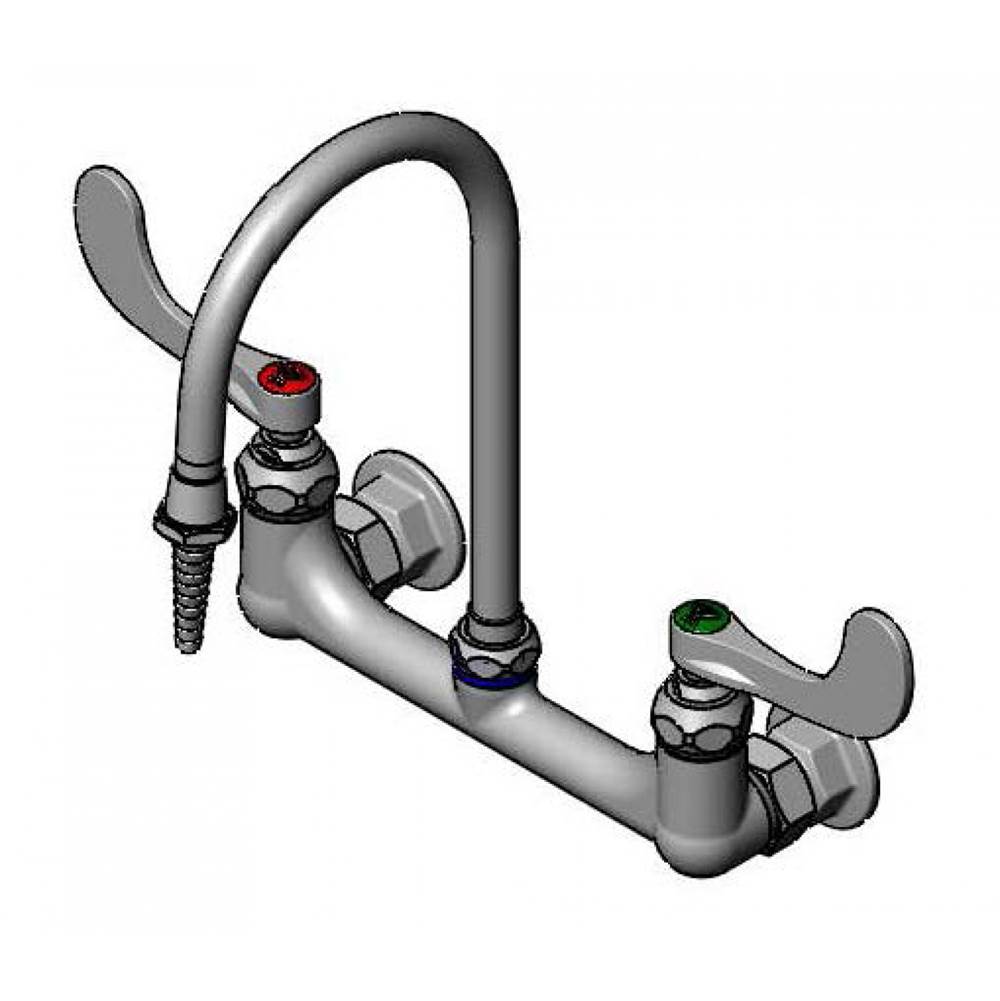 T&S Brass Lab Mixing Faucet, 8'' Wall Mount,Swivel/Rigid Gooseneck, Serrated Tip, 4'' Wrist Handles